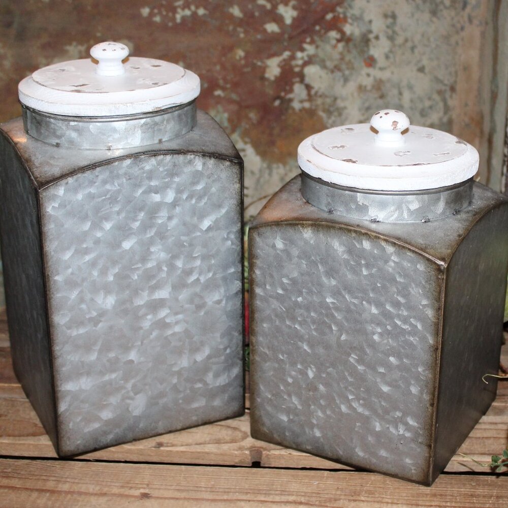 NEW Pair of Galvanized Metal & Wood Farmhouse Storage Decor Canisters